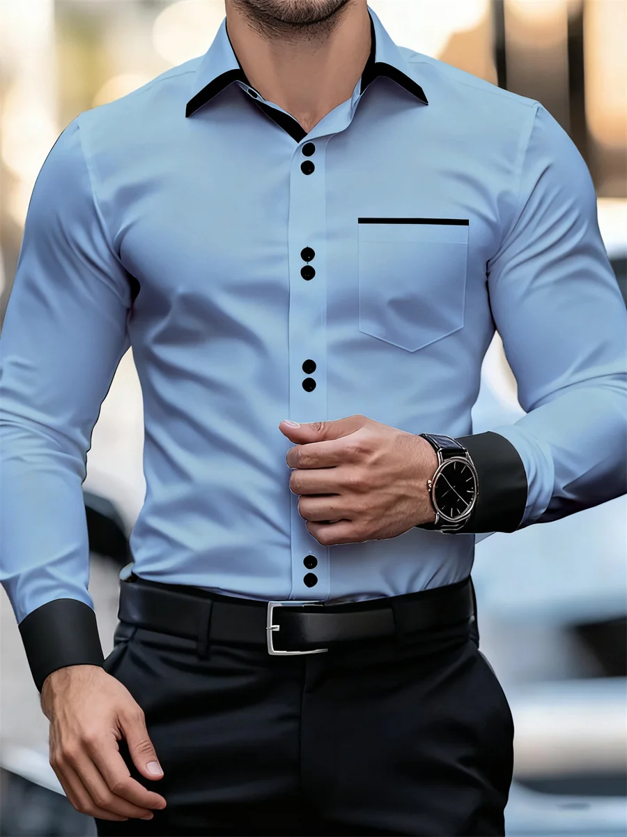Men's Business Color Block Collar Long Sleeve Shirt, Slim Fit, Wrinkle-Free, Black and White Patchwork Shirt, Men's Fashion Top - Image 2