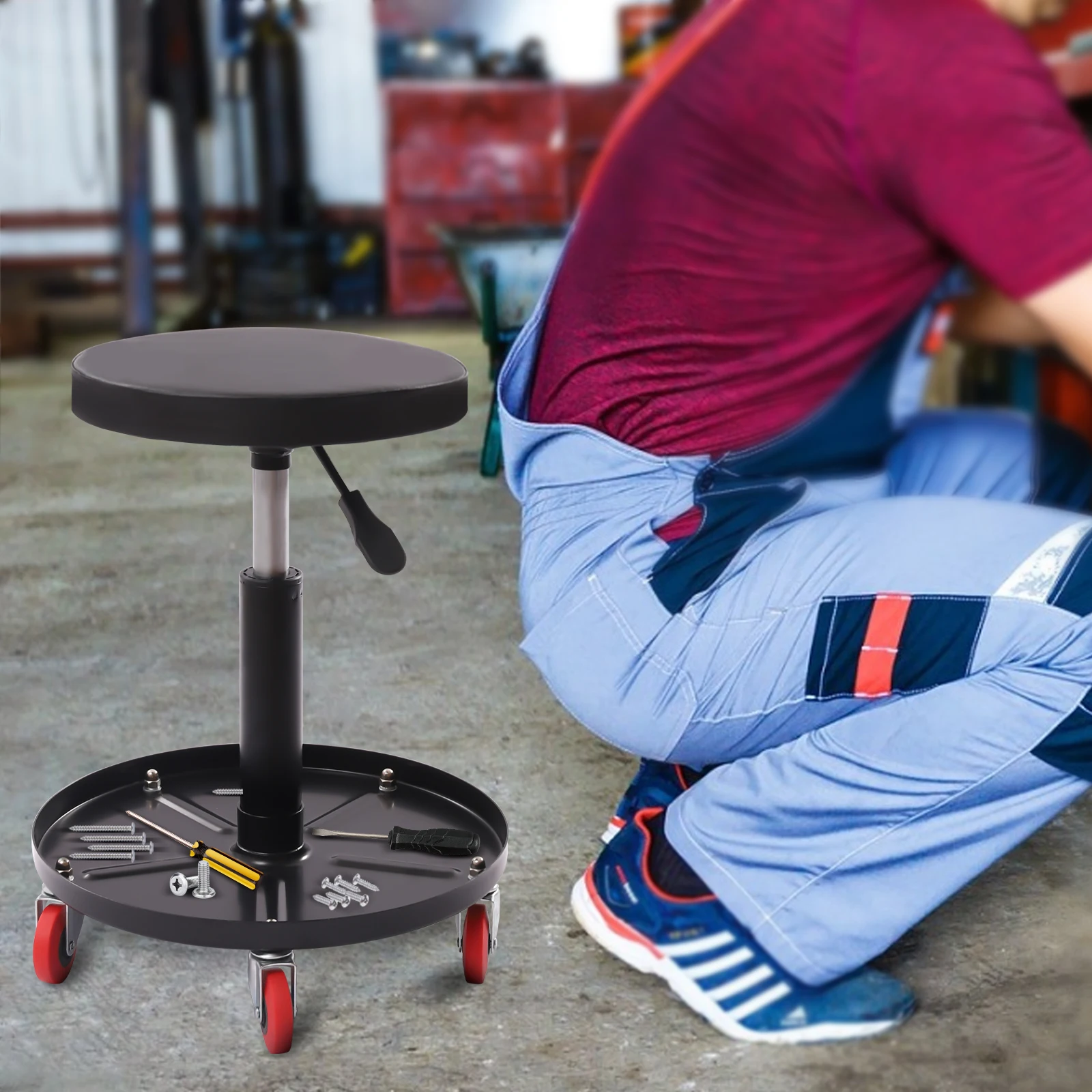 

Pneumatic Mechanic Roller Seat Stool W/Adjustable Height 44-56cm 360° Rotation 300lbs Capacity PU Leather Pearl Cotton Padding