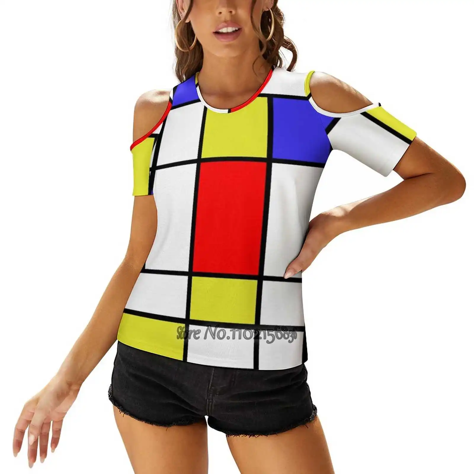 Mondrian #58 Woman Tshirts Printed Tops O-Neck Back Lacing Top Fashion Graphic T Shirt Mondriaan Mondrian Abstract Art