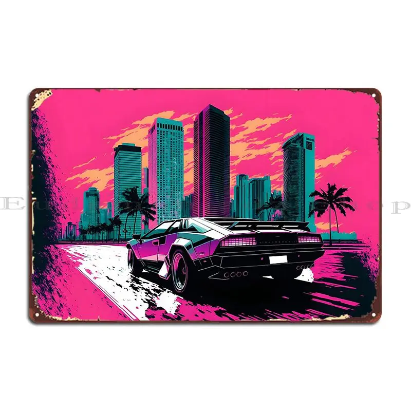 Vaporwave Lamborghini Countache In Futuristic Miami Scene Metal Plaque Poster Wall Mural Wall Plaque Designing Tin Sign Poster