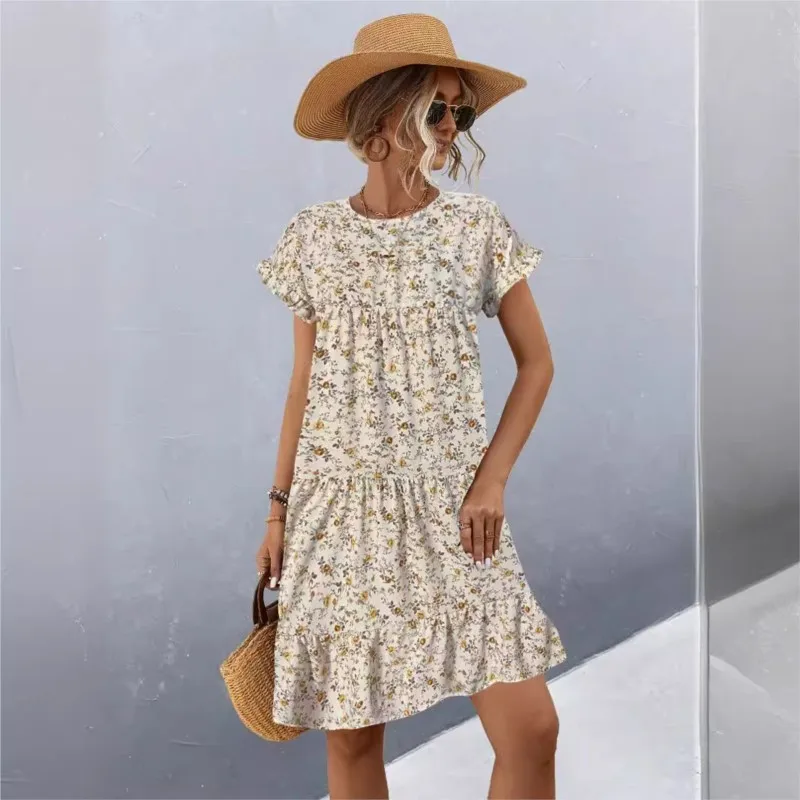 2025 summer vintage floral dress with loose round neck and ruffle sleeves for women, fully matched short sleeved long skirt