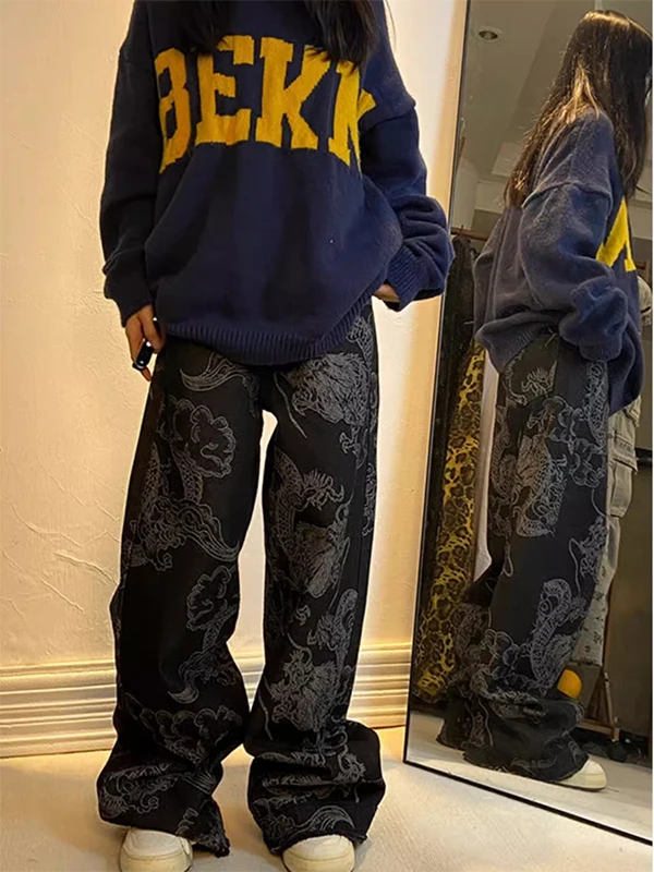 

Джинсы свободного кроя с принтом, прямые, широкие штанины, с принтом дракона, молодежные, модные, весенне-осенние, для мужчин и женщин