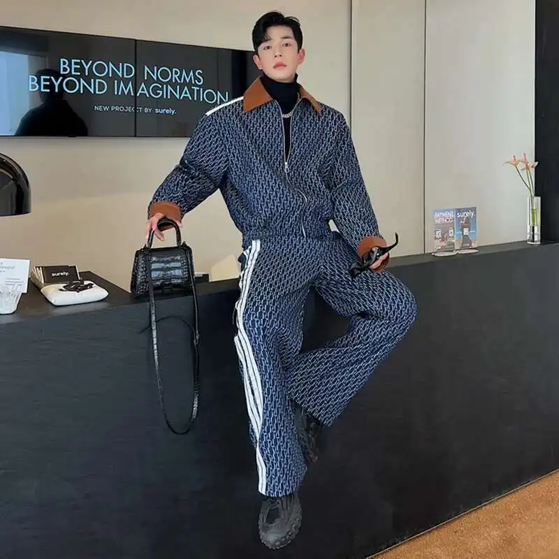 LUZHEN otoño nuevos hombres de dos piezas de impresión chaquetas de mezclilla conjuntos estilo coreano pantalones vaqueros rectos sueltos abrigo