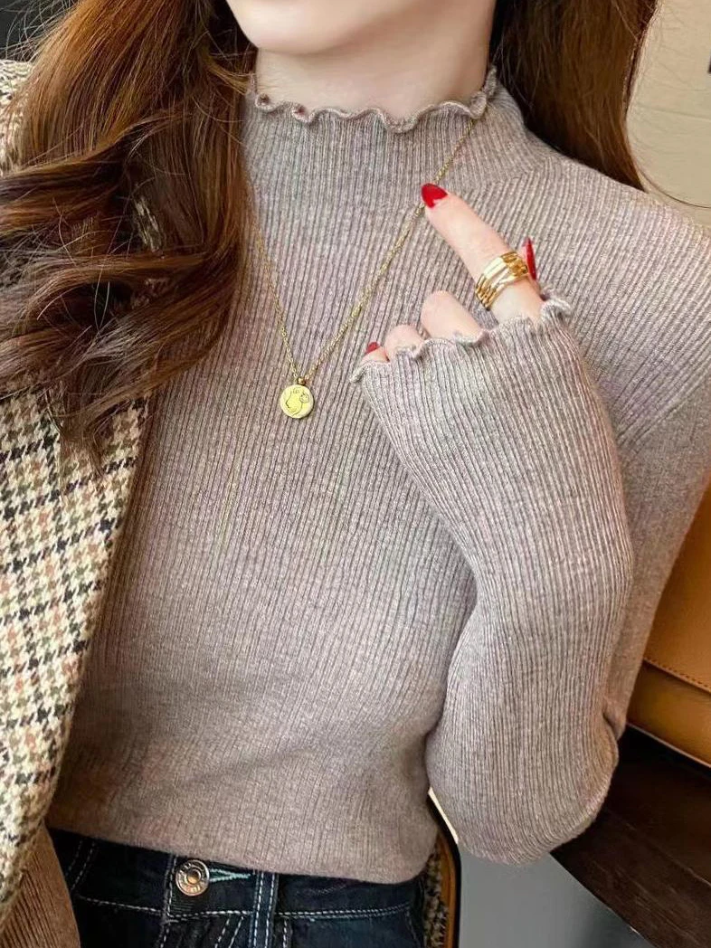 Autumn Winter Sweater Women Knitted Ribbed Pullover 2024 Sweater Long Sleeve Ruffles Turtleneck Slim Jumper Soft Warm Pull Femme