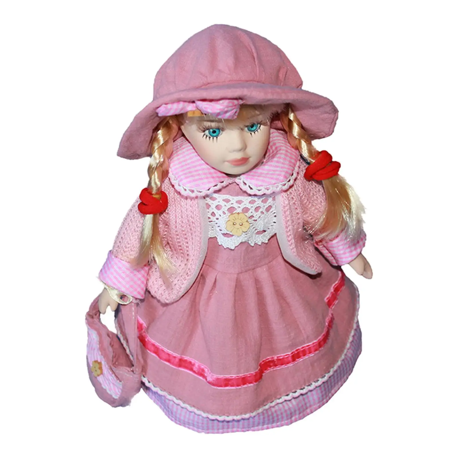 30cm Victorian Porcelain Doll with Pink Clothes & Stand Home Display Decor