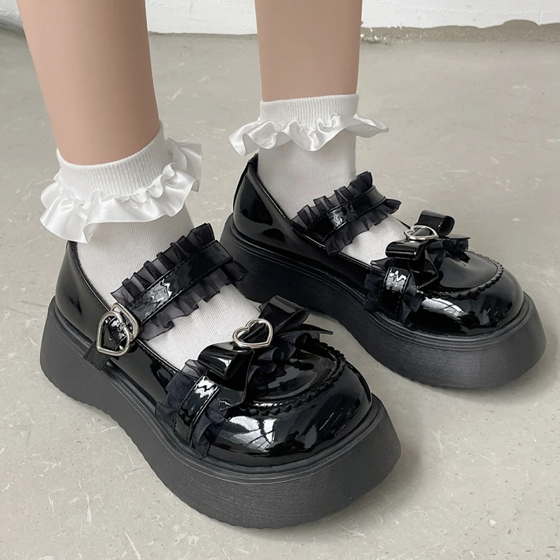 Lucyever Sweet Lace Bowknot Lolita Shoes Women Heart Buckle Patent Leather Mary Janes Woman 2024 Round Toe Platform Flats Shoes