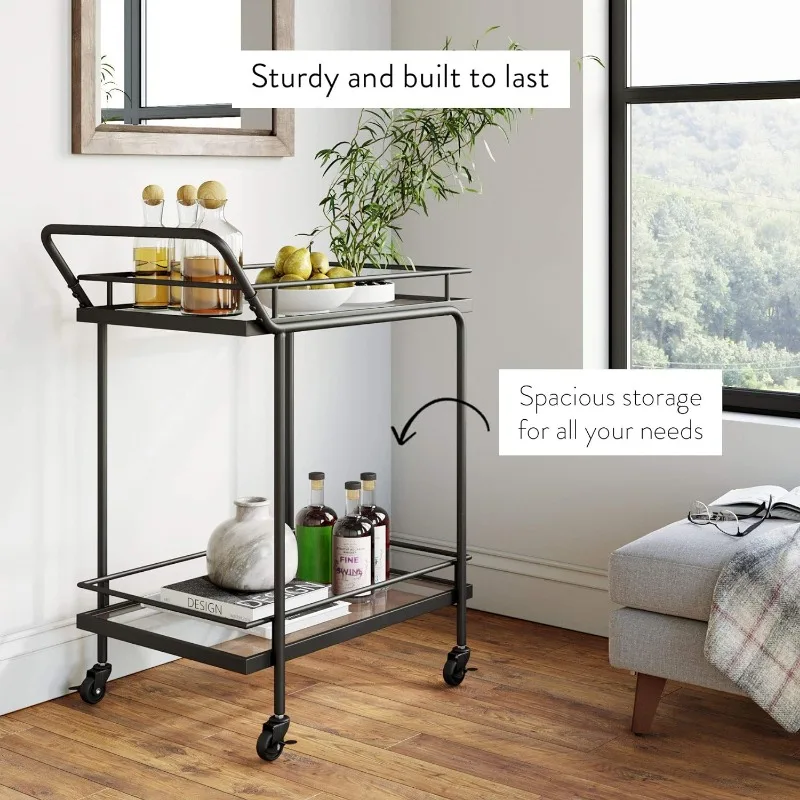 Nathan James Sally Rolling Bar or Cart for Tea or Cocktail, 2-Tiered Glass and Metal, Black