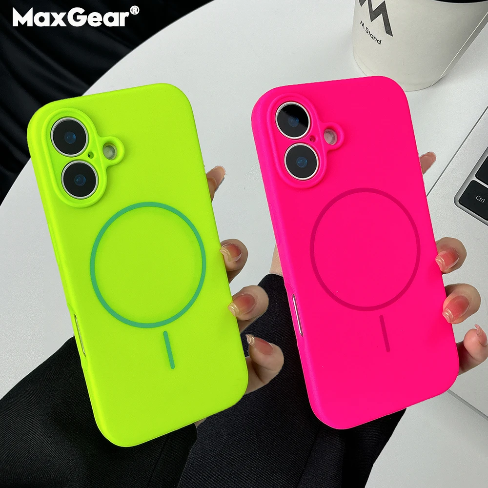 Fluorescent Green Liquid Silicone Magnetic Case For iPhone 16 15 14 Plus 13 12 Pro Max For Magsafe Wireless Charge Matte Cover