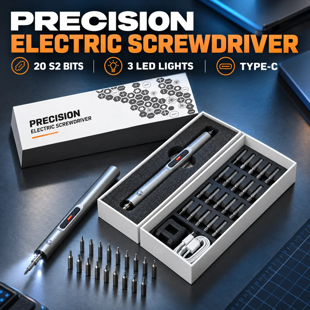 Creationspace 3.7V Cordless Precision Electric Screwdriver Set with 20 S2 Bits, 3 LED Lights, Type-C Rechargeable, 230 RPM