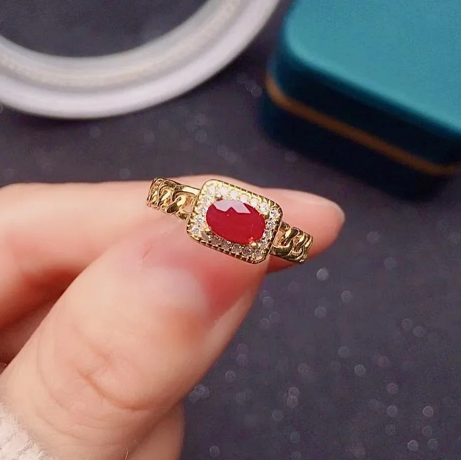 

Fashion Silver Chain Ring with Gemstone 100% Natural Ruby Ring Solid 925 Silver Ruby4mm*6mm Jewelry Side Gemstone Moissanite