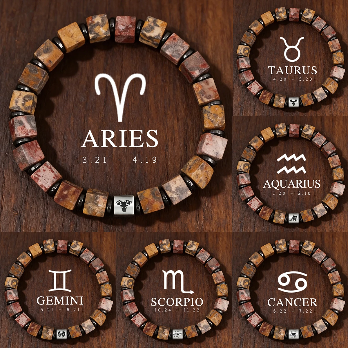 12 Zodiac Natural Picture Stone Bracelet for Men Aries Virgo Leo Libra Charm Bangle Women Friendship Jewelry on Hand Gifts
