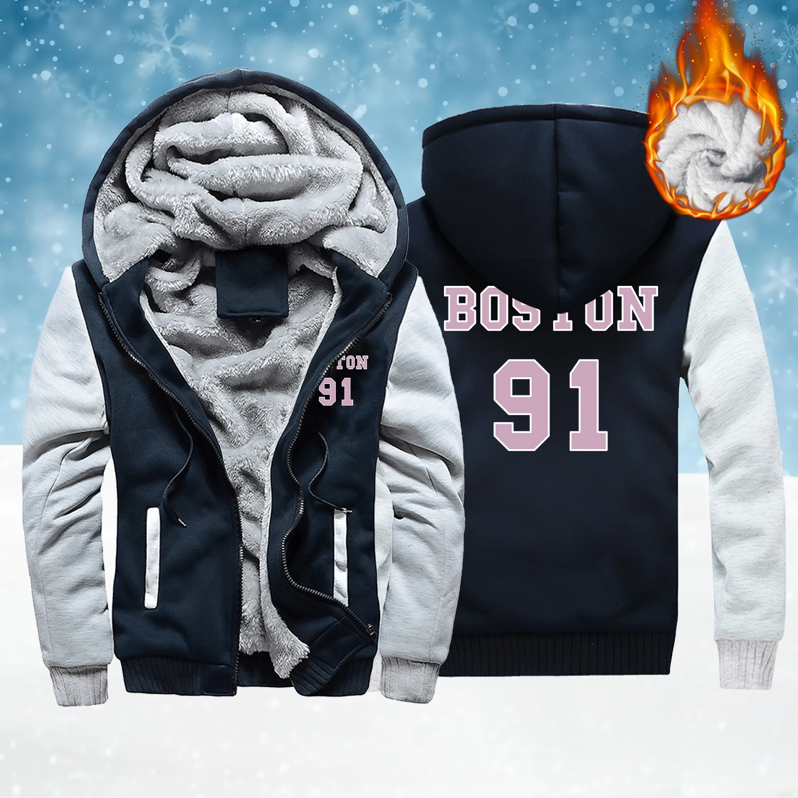 

Pink Boston 91 Art Letter Design Men Zipper Thicken Clothing Fashion Loose Coat Casual Fleece Hooded Winter Hip Hop Tracksuit