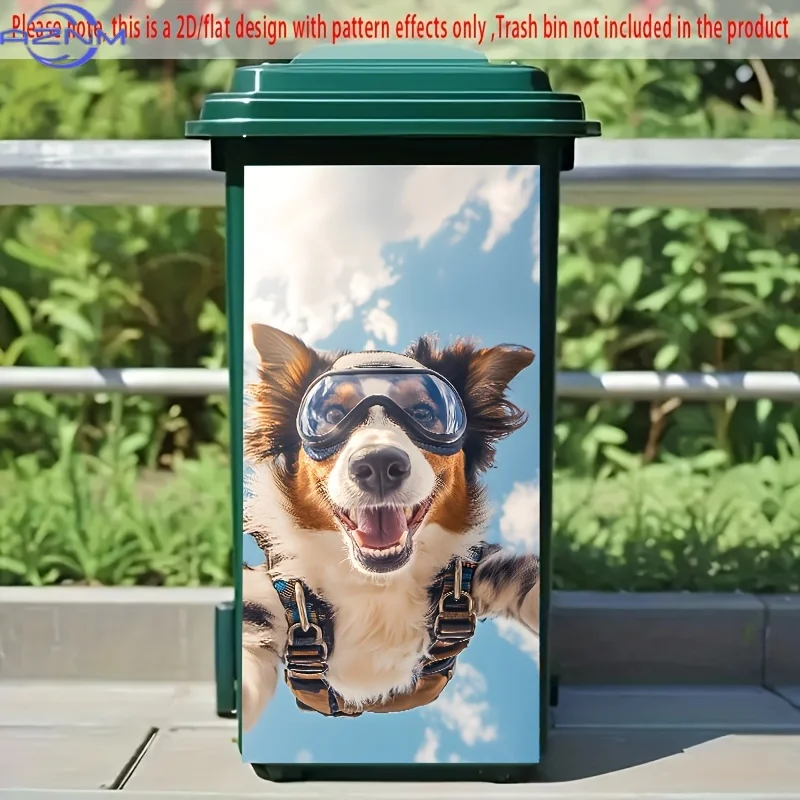 1pc Skydiving Dog with Goggles 2D/Flat Garbage Bin Sticker,  - Exciting Outdoor Theme, Fun Vinyl Wall Decal, Creative Trash Ca