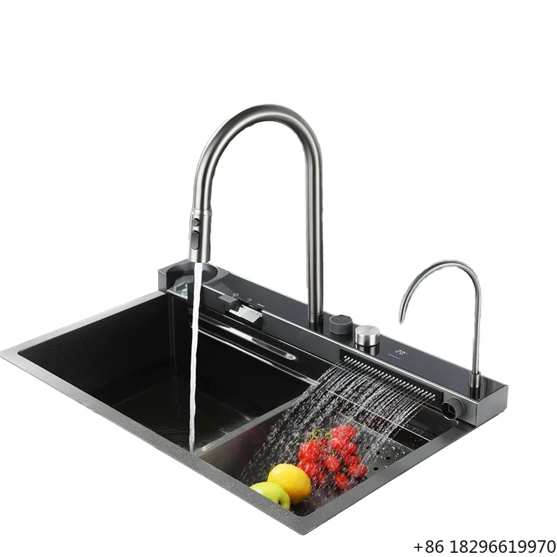 

304 Stainless Steel Whale Waterfall Kitchen Sink Honeycomb Large Single Bowl LED Digital Display Home