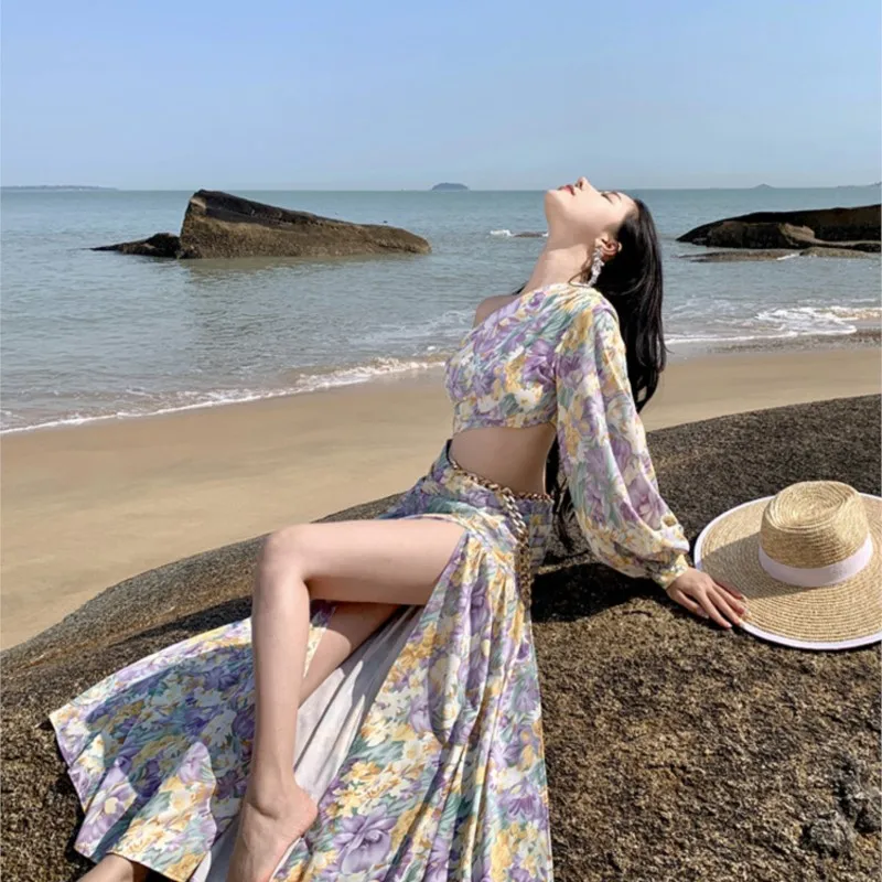 Seaside Holiday Floral Dress Women's Beautiful Irregular Beach Long