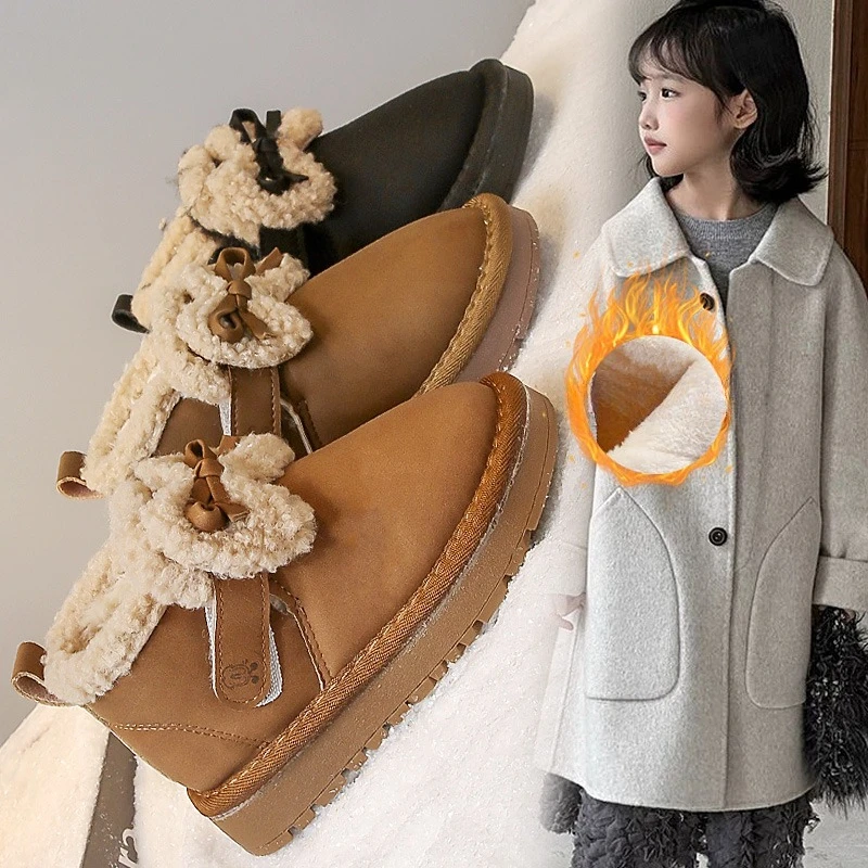 

Зимние сапоги для девочек от 3 до 18 лет, детская меховая обувь цвета хаки с утолщенной подкладкой и бантом, новые зимние коричневые легкие нескользящие детские ботинки