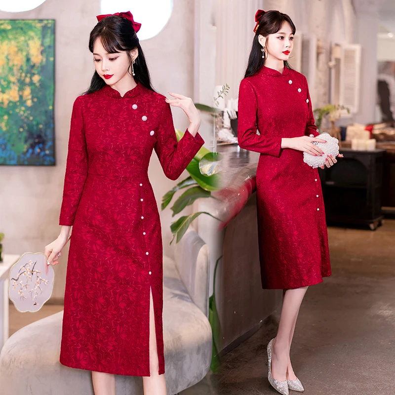 New 2023 Vintage Chinese Traditional Wedding Qipao Dress Modern Improved Long Sleeve Red Cheongsam Women's Clothing