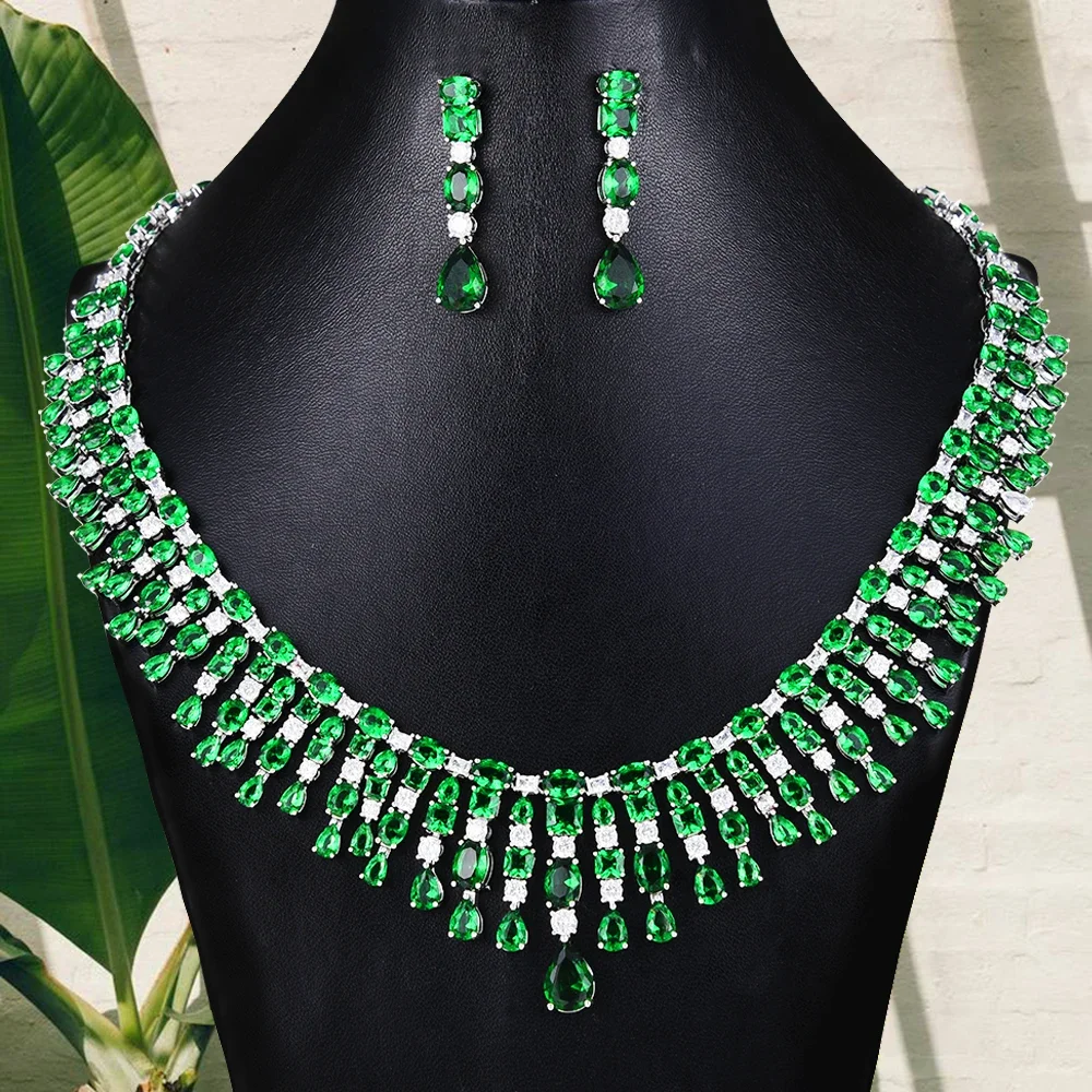 

JImbora New Trendy Luxury 2PCS Tassels Statement Jewelry Set For Women Wedding Full Cubic Zircon Dubai Bridal jewelry Set 2022