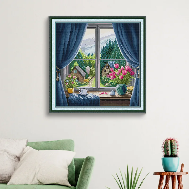 

Soulgift Stamped Pre-Printed Cross Stitch Kits, 9CT/11CT/14CT/16CT Fabric with DMC Threads, Easy to Follow - Tulip Window Sill