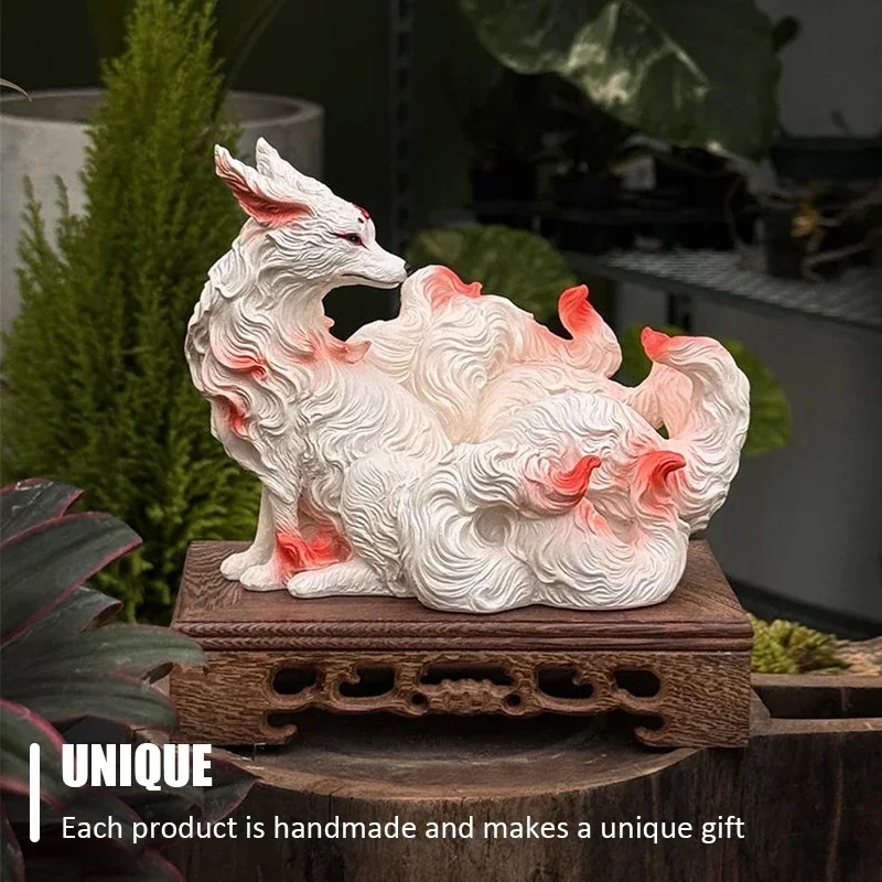 

#q #V Nine-tailed Fox Ornament Resin Handmade Animal Statue Desk Decoration Home Decoration Accessories Christmas Birthday Gift