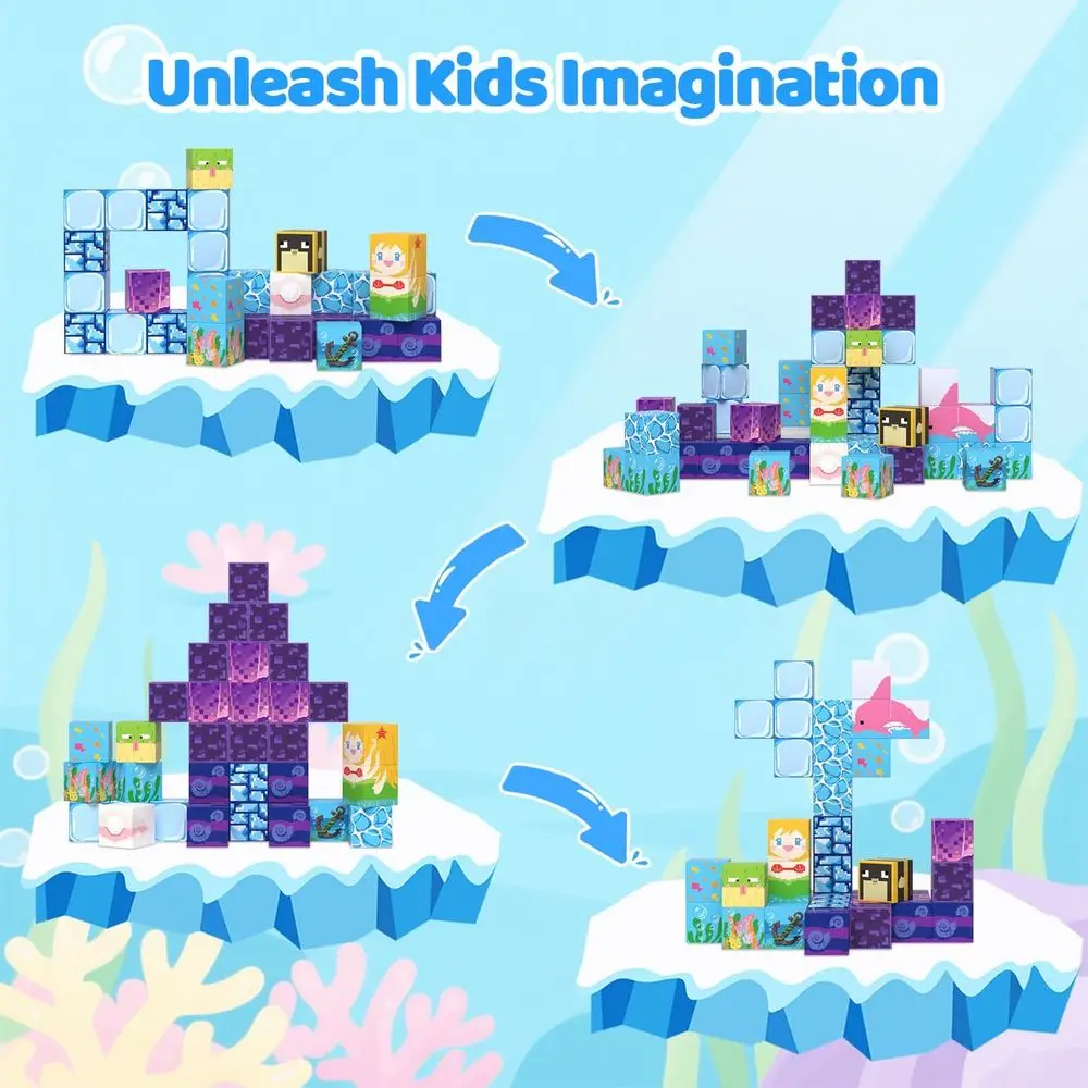 100개 자석 블록 세트, 3세 이상 어린이를 위한 교육용 STEM 장난감, 이상적인 크리스마스 또는 생일 선물 (해양 세계)