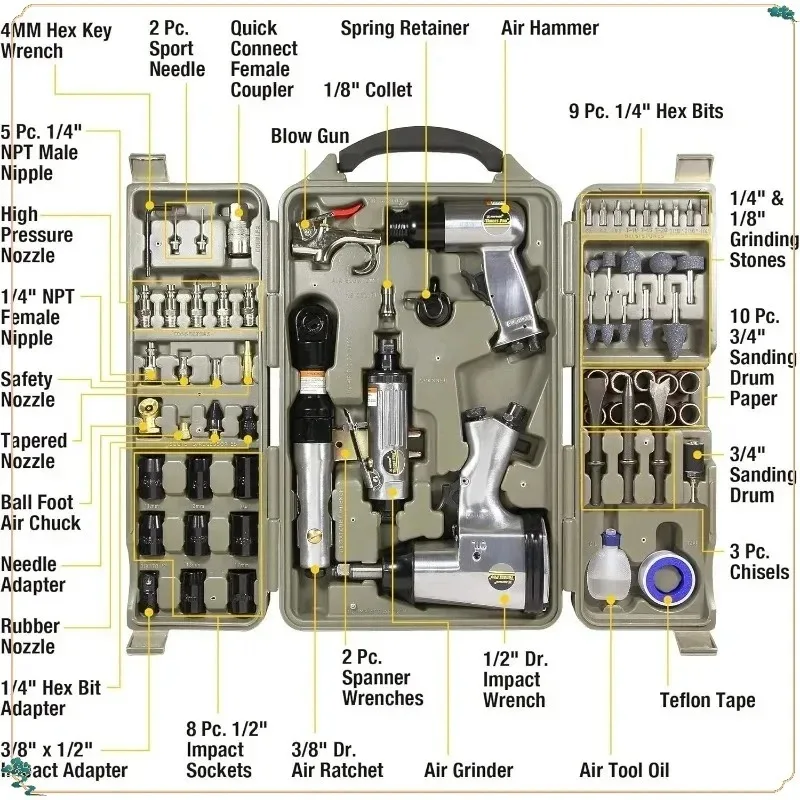 Professional 71-Pc Air Tool Set with Impact Wrench, Die Grinder & Air Hammer. Complete Kit for Mechanics & DIY