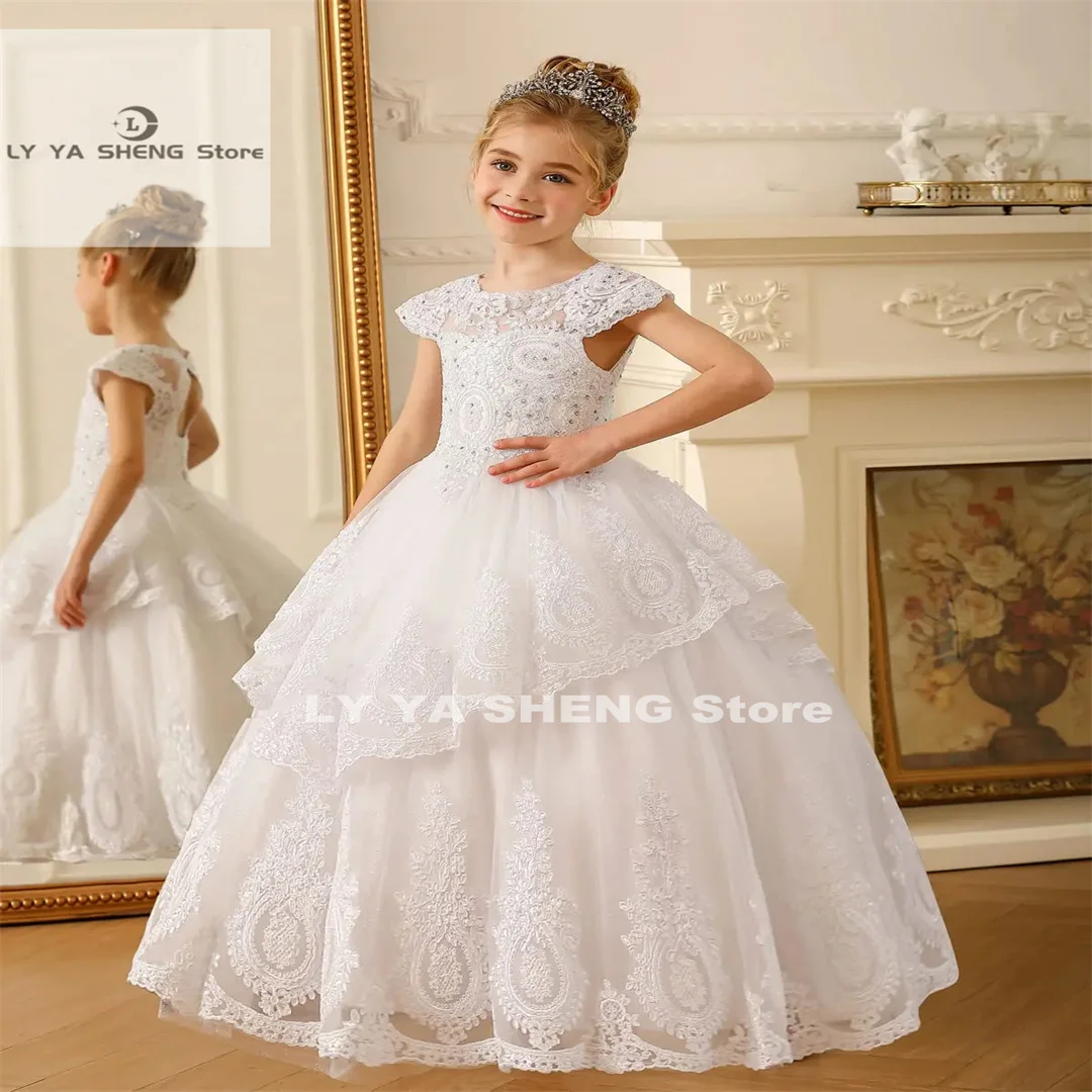 White Fower Girl Dresses For Wedding Cap Sleeves Pagenat Dress Long Toddlers Beaded Lace Applique abiti da prima comunione