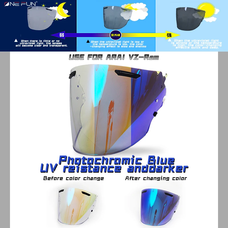 VZ RAM Photochromic Visor For VZ-RAM RAM-X SZ-R VAS-Z 3/4 Photochromic Helmet Lens Mask Black Rainbow sliver Shield For Arai