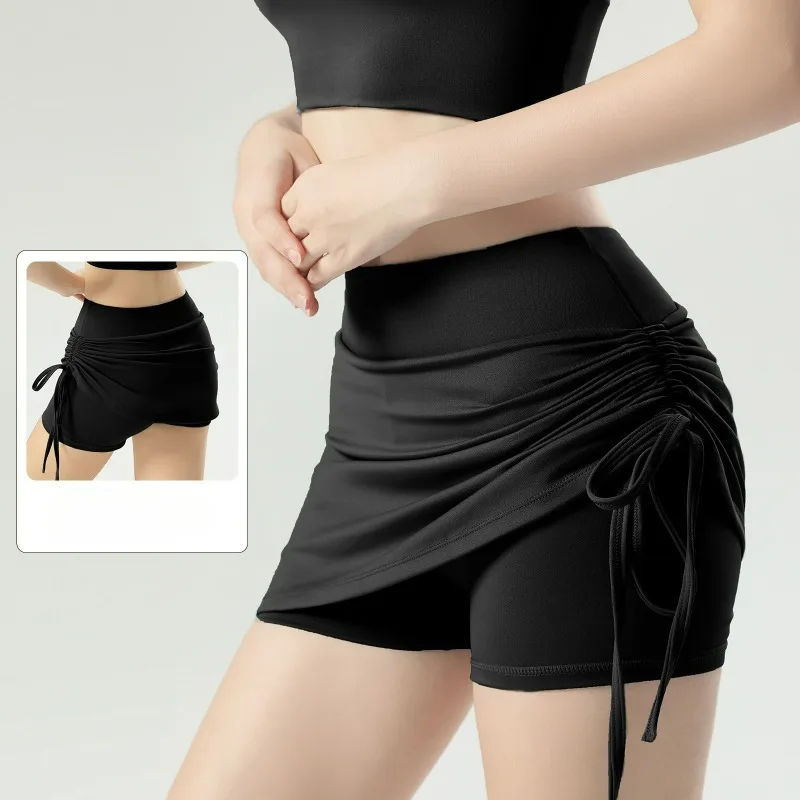 New Wrinkled Drawstring Sports Short Skirt Women Prevent Exposure High-waisted Belt-cinching Running Fake Two Short Yoga Shorts