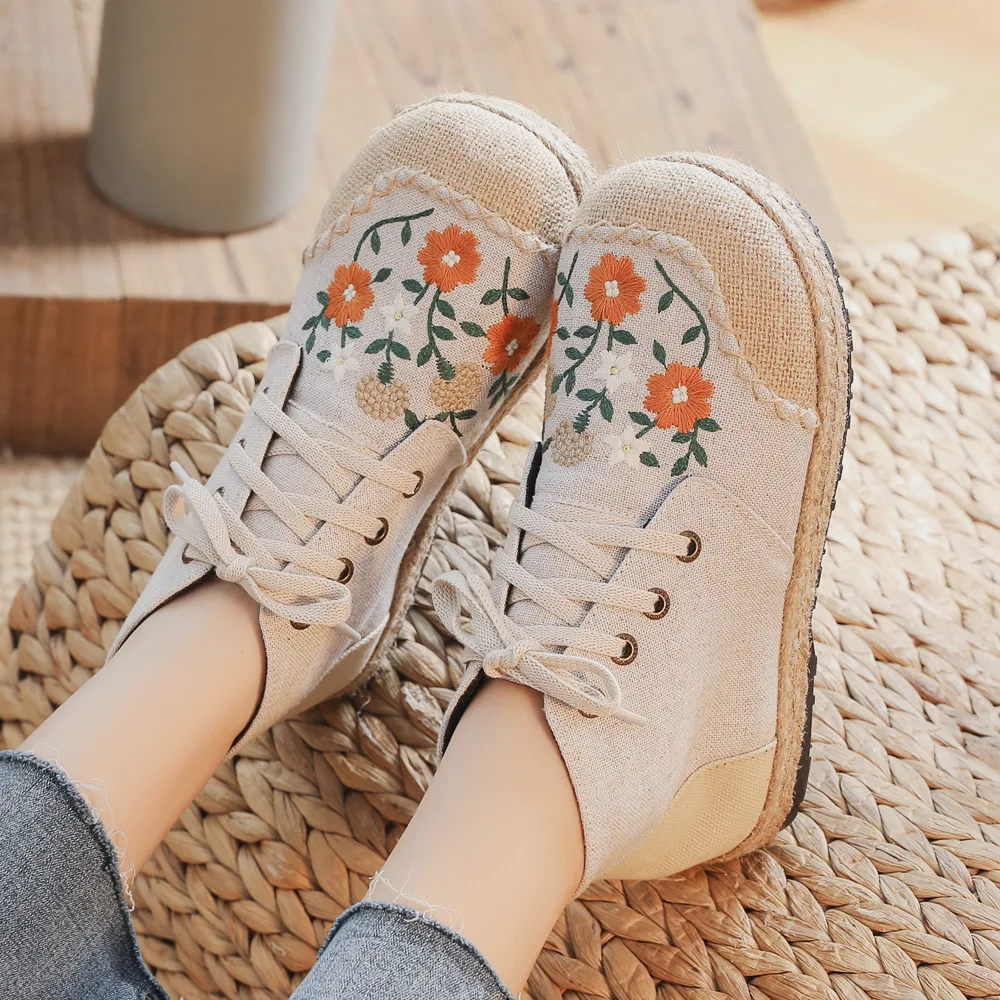 Women Shoes Handmade Vintage Embroidered Flats Booties Shoes High Top Lace Up Canvas Sneakers Linen Casual Leisure Espadrilles