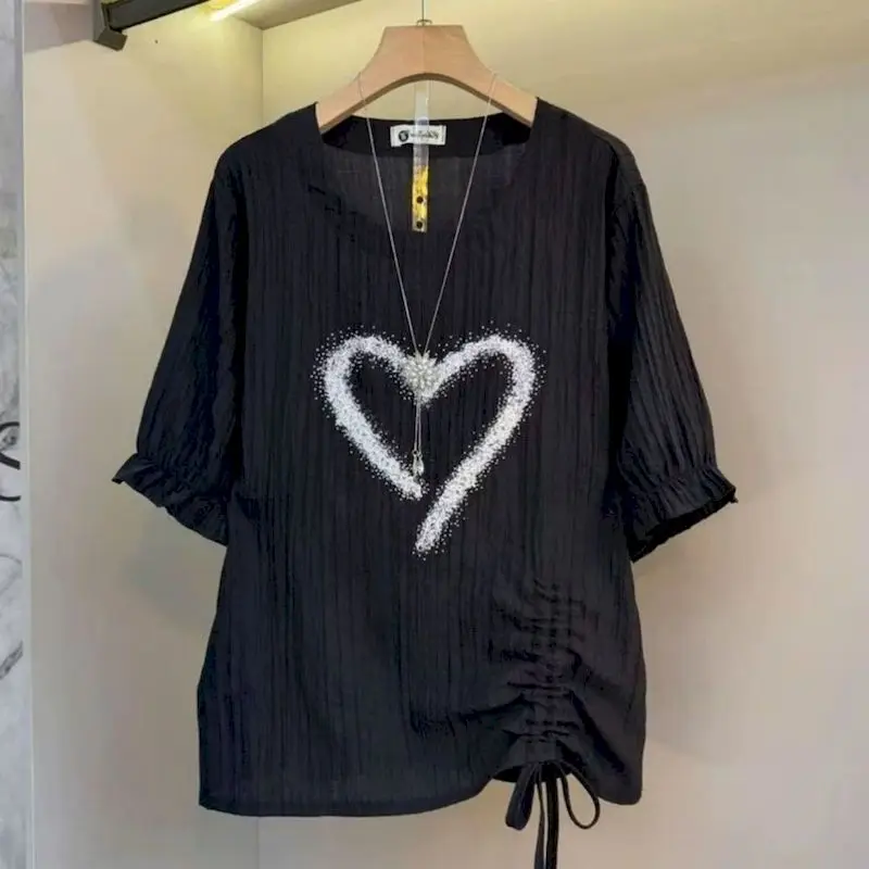 Oversized T-shirts for Women Summer Trend Thin T Shirt Fashion Design Drawstring Splicing Loose Versatile Short Sleeved Tops