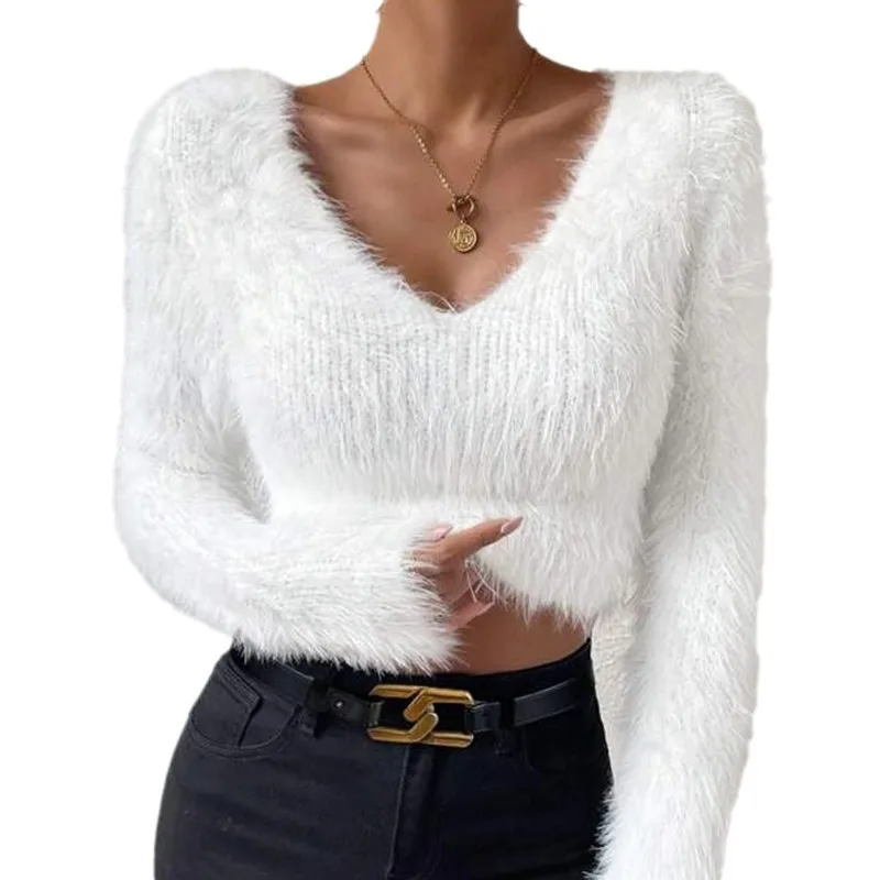 Women\'s Sexy V Neck Long Sleeve Slim Sweater Korean Style Solid Color Cropped Top Fall/Spring Casual Knitted Pullover