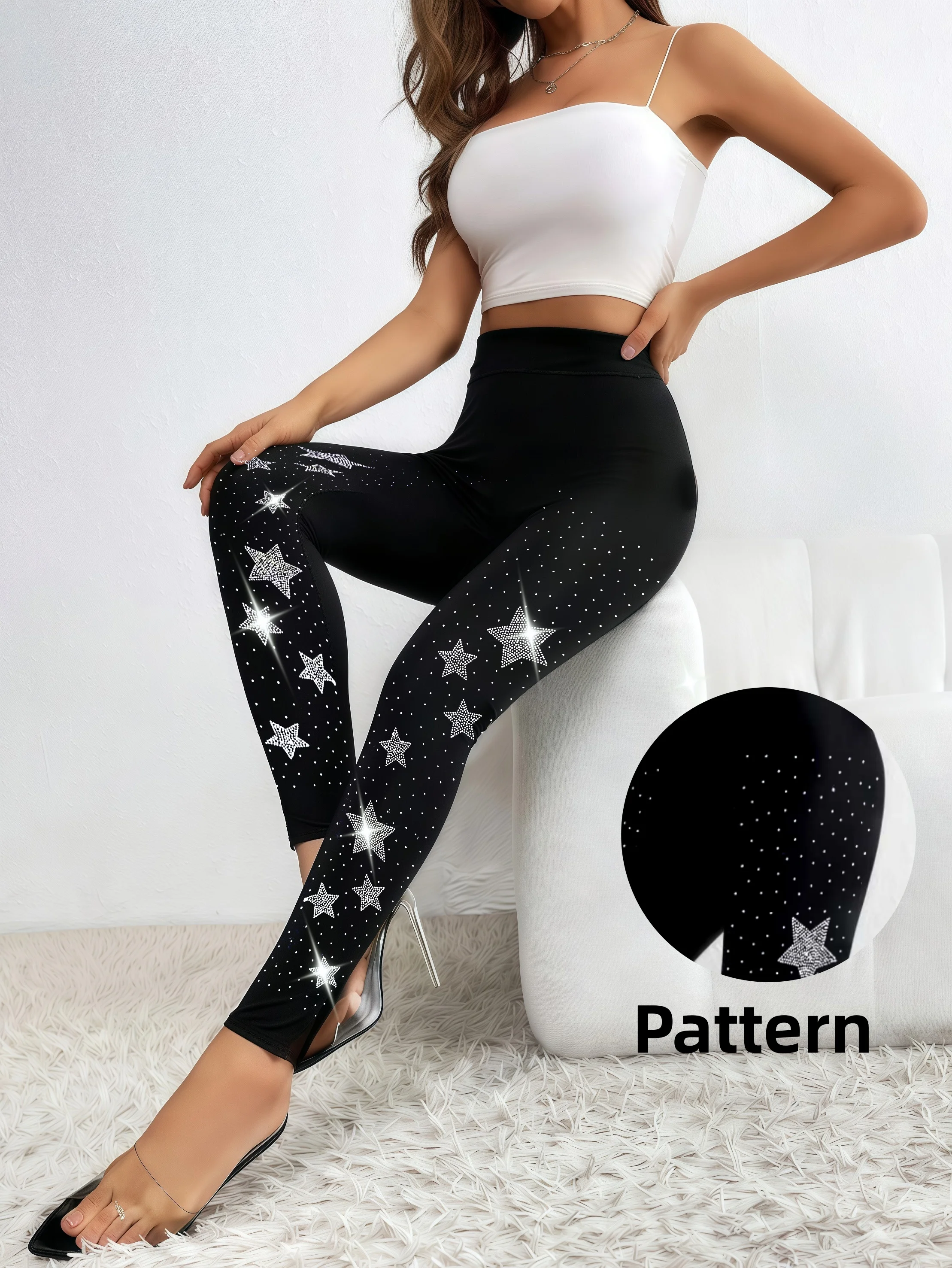 Women's High Waisted Rhinestone Star Leggings - Black Sparkly Glitter Stars & Dots Yoga Pants