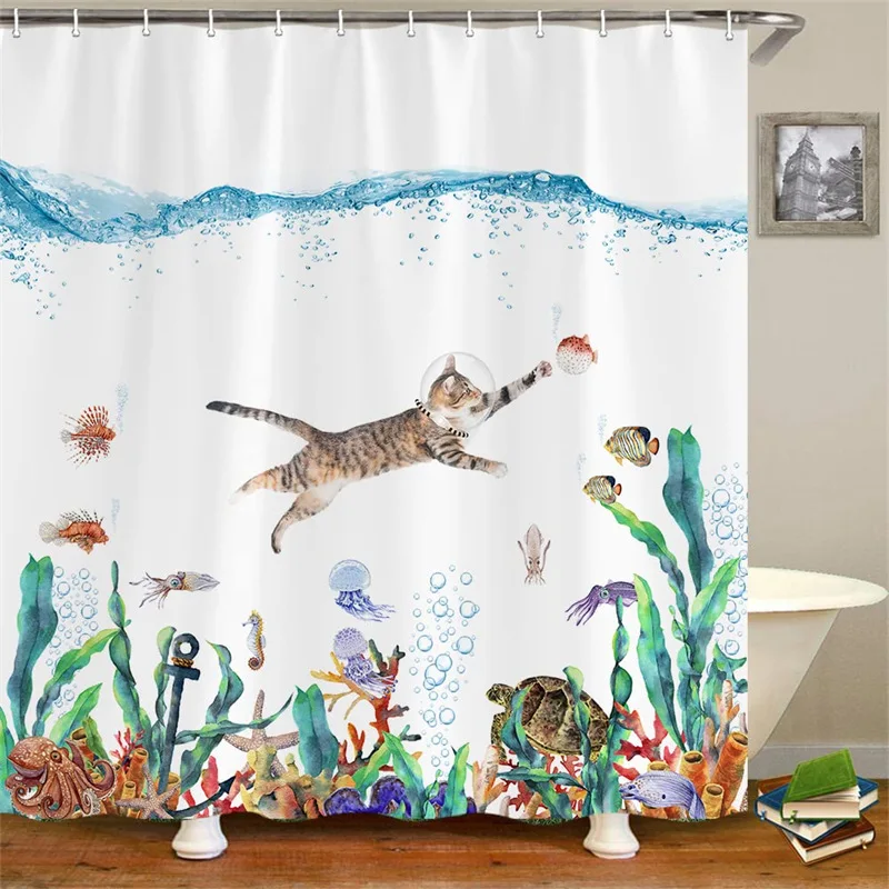 Funny Pirate Cat Shower Curtain Liner Cool Cat Riding Shark Whale In Universe Galaxy Hilarious Fabric Shower Curtain Waterproof