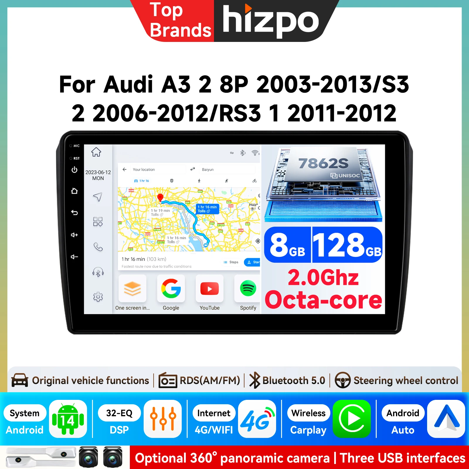 Autoradio con Schermo Touch HD da 9 Pollici, CarPlay Wireless, Android Radio per Audi A3, GPS Multimediale, FM, WIFI, Bluetooth, Sistemi Intelligenti per Auto