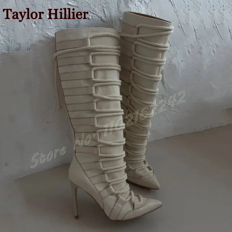 Women'S Knitted Lace-Up Knee-High Boots Pointed Toe Stiletto White Fashion Boots Sexy Elegant Party Dress Office Knee-High Boots