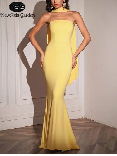 NewAsia elegante vestido largo sin tirantes de doble capa de gasa bufanda desmontable vestido de novia Formal vestido largo de noche de fiesta para mujer