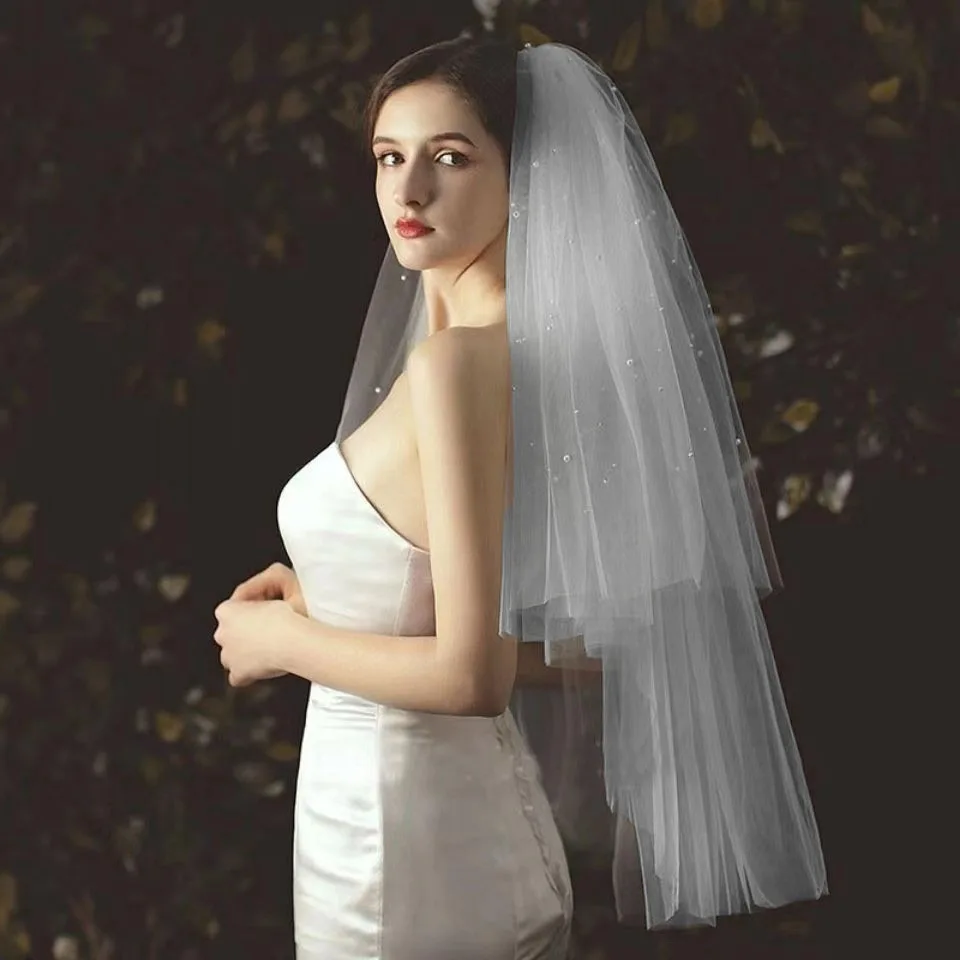 Elegant Pearl Beaded Wedding Veils Multi Layers Soft Tulle with Comb Bridal Fingertip Veil Marriage Accessories image 2