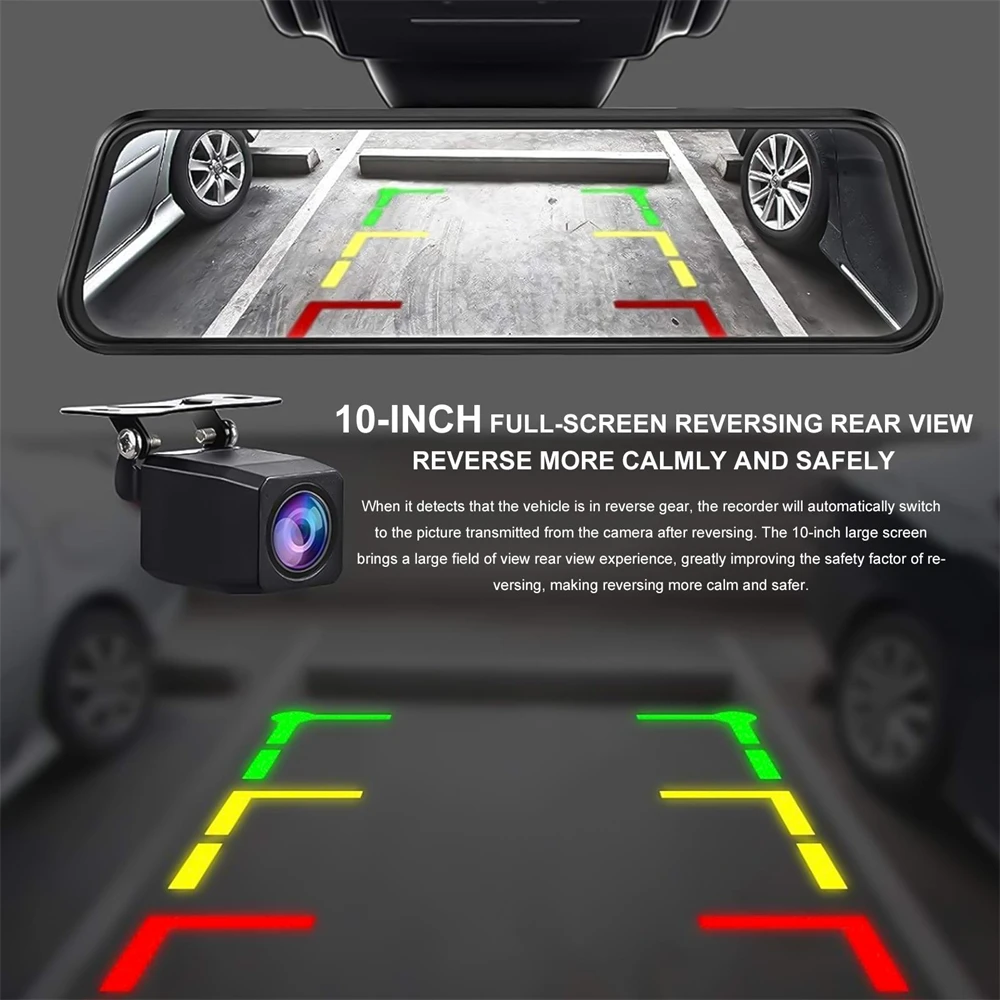 10 Inch Full Touch Screen Rear View Mirror Dash Camera,1080P Full HD Dual Front Rear Car Dashcam, Superior Night Vision, Loop Recording Parking Mode Backup Reverse Camera Vehicle Driving Recorder