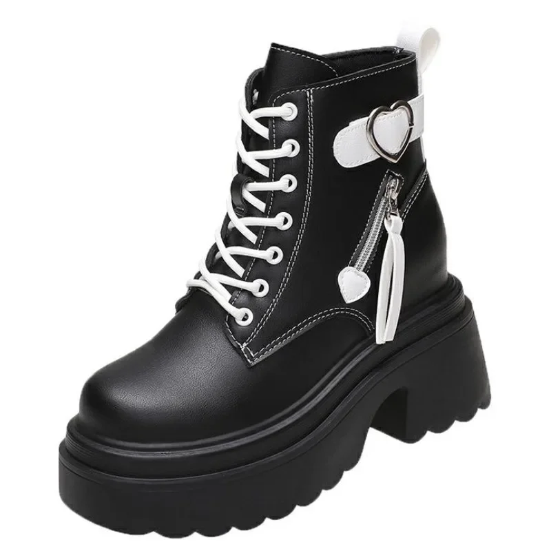 

10CM New Arrival Autumn Ankle Boots Women High Platform Motorcycle Boots Winter Lace-up Chunky Sneakers Comfortable Leather Boot