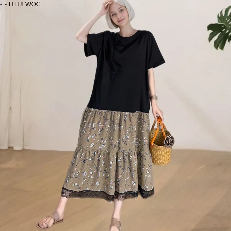 ชุดหลวมผู้หญิง Vestidos ยุโรปสไตล์ผู้หญิง 2025 ฤดูร้อน Patchwork ลูกไม้สีดํา Ruffles สีดําผ้าฝ้ายผสมเสื้อยืดชุด