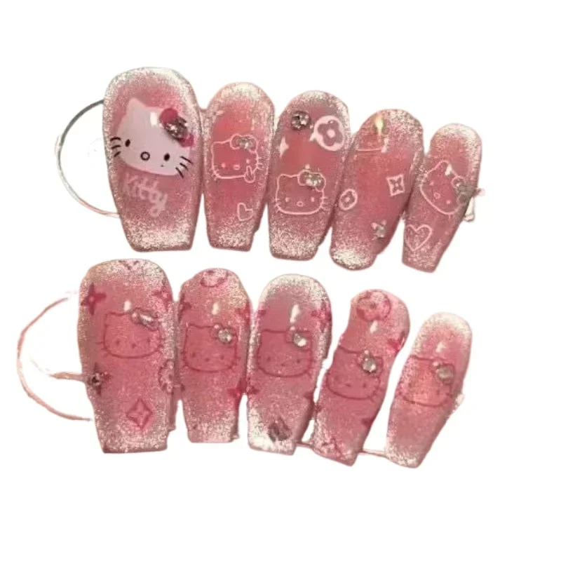 10pcs Ins Fashion Hello Kitty Anime Kawaii Sanrio Hand-worn Nail Cute Cartoon Student Removable Nail Sticker Patch Girls Gifts