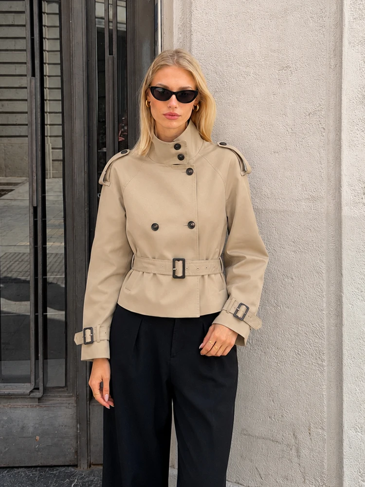 HH Women Spring Fell Khaki Trench Jacket Stand Collar Epaulet Double‑Breasted Waist Belt Buckle Cuffs Outerwear For Daily Street