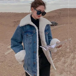 Add Velvet Thick Lamb Wool Jacket Denim Women Autumn Winter Korean Jeans Denim Outerwear Ladies Loose Fried Street Vintage Coat