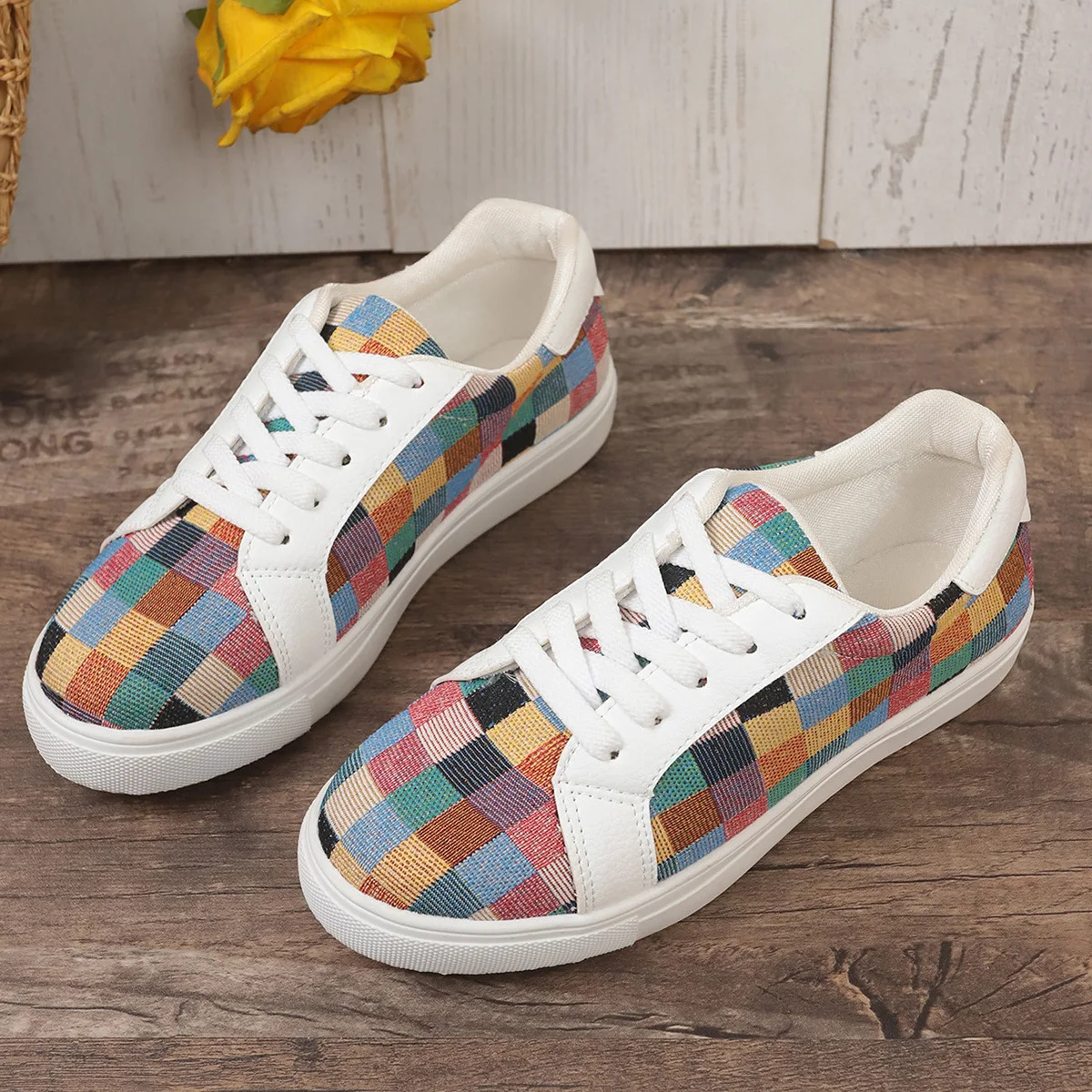 Sneakers Women\'s Canvas Plaid Mixed Colors Casual Shoes Flat Couple Casual Sneakers Low-cut Men and Woman Shoes Tennis Female