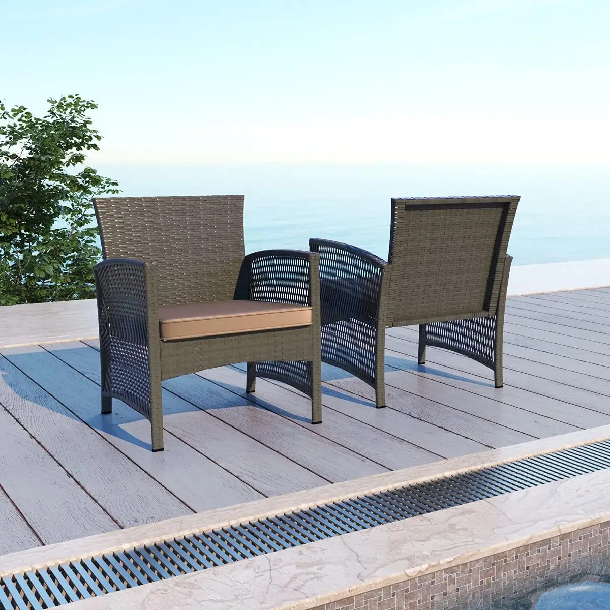 4 Stück Rattan Pattio Gartenmöbel Korb weide Gesprächs set für Garten Rasen Pool Hinterhof, braun-grau