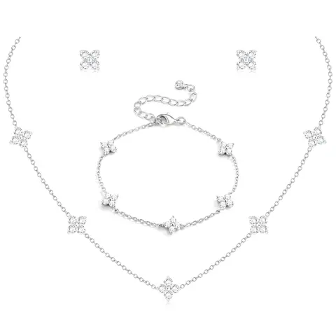 Dainty Silver/ Gold Plated Jewelry Set for Women Gift for Wedding Bride Prom Trendy 14K Gold Plated CZ Flowers Pendant Choker Necklaces for Women Stud Earrings Link Bracelets Stack Jewelry Gifts