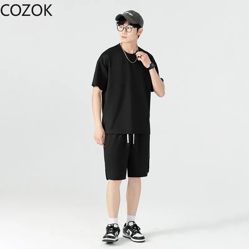 Men's Sports Suit Summer New High Street Jacquard T-shirt Shorts 2 Piece Set Male Casual Outdoor Jogging Sweatshirt