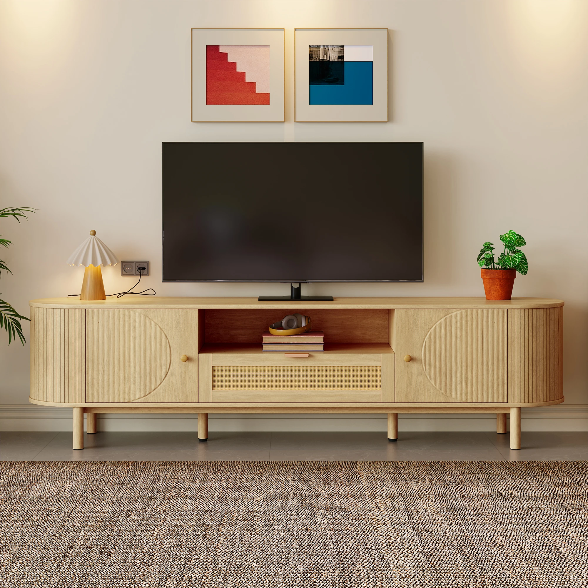 PINGGO Moderner TV-Schrank mit Rattanschublade, offenen Regalen, runder Tischplatte, Metallbeinen, Holzoptik, 175x36x41 cm – Detail 1