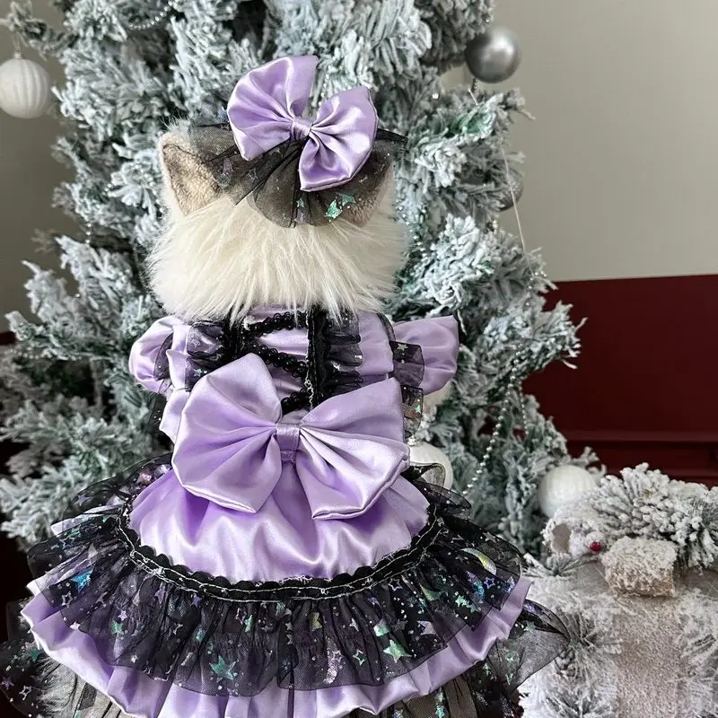 

Halloween Purple Pet Costumes: Premium Satin Star Mesh Party Outfits with Adjustable Ties for Cats and Dogs Birthday Celebration